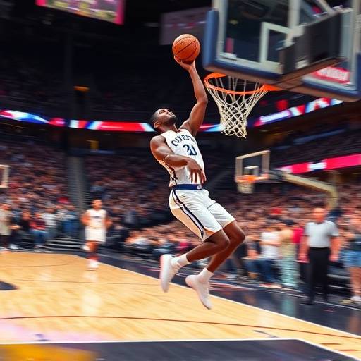 A basketball player leaping to dunk the ball during a fast-paced game, with teammates and opponents blurred in the background.