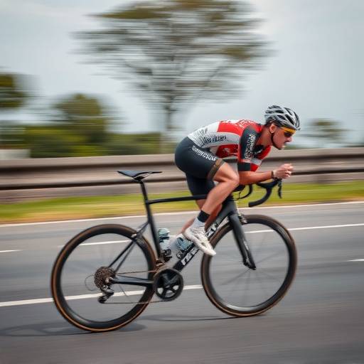 A cyclist in full sprint, wearing aerodynamic gear and helmet, with the blurred background of a road race.