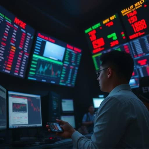A person looking at stock tickers on multiple computer screens in a dimly lit room