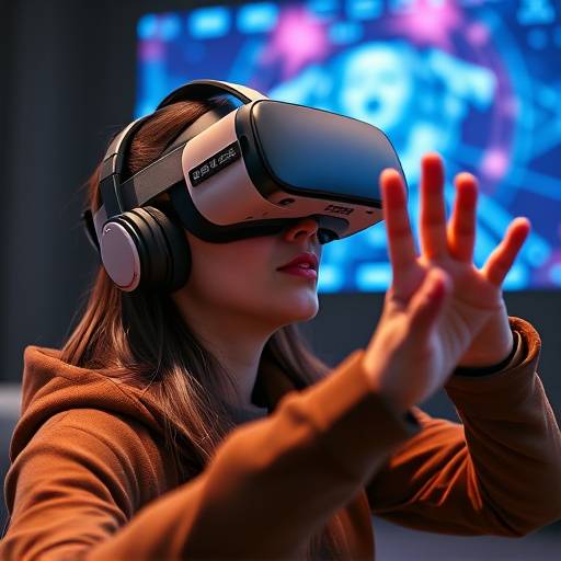 A person wearing a virtual reality headset, interacting with a digital environment