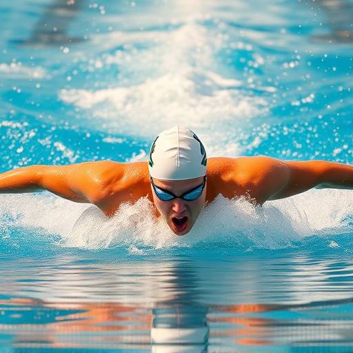 A swimmer powerfully executing a butterfly stroke during an indoor competition, with water splashing around them.