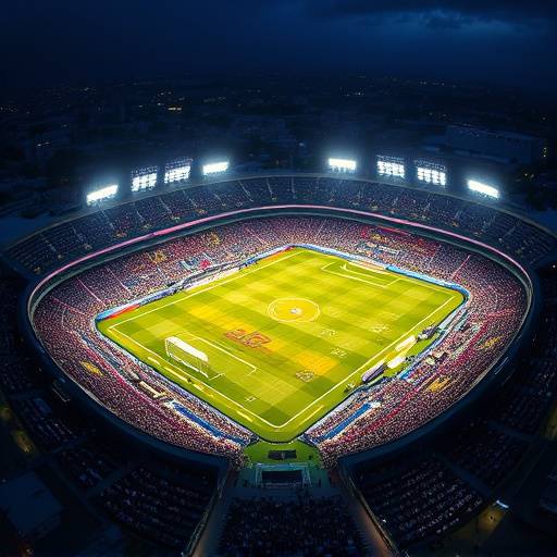 Aerial view of a vibrant football stadium during a night match, with floodlights illuminating the pitch and cheering crowds visible in the stands.