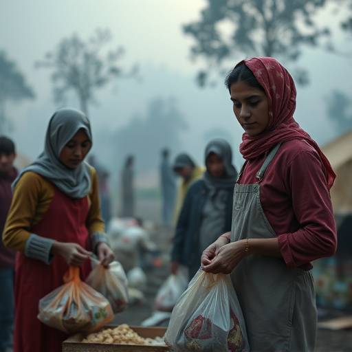 Aid workers distributing food in a camp