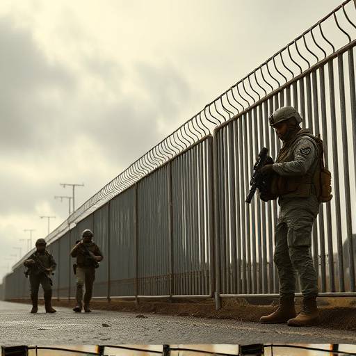 Border region with military personnel and equipment