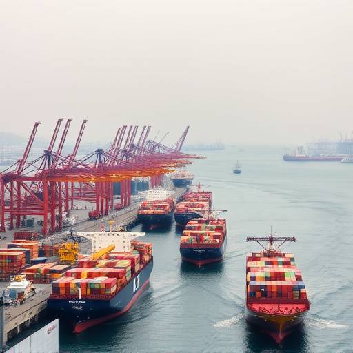 Busy port with cargo ships and cranes