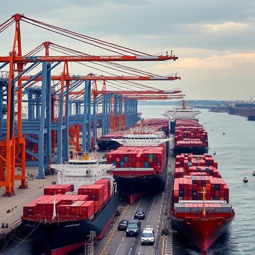 Busy port with cargo ships and cranes.