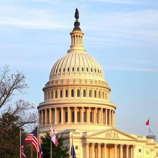 Capitol building dome in Washington D.C. with flags flying.