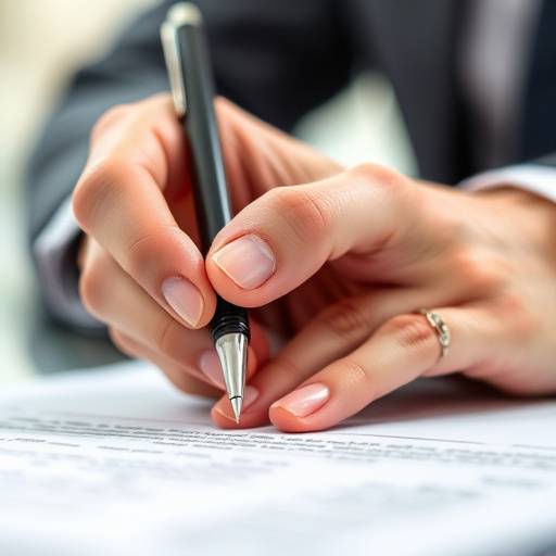 Close-up of a hand signing a business contract with a pen