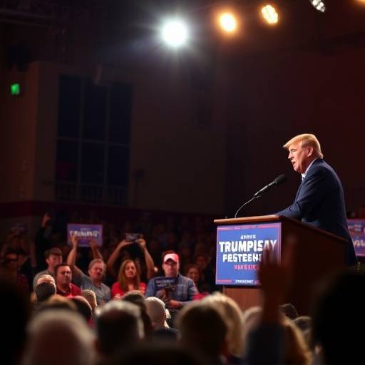Close-up of a person speaking at a podium during a political rally.