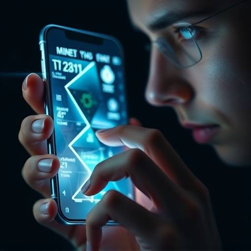Close-up of a person using a sleek, transparent smartphone with holographic display