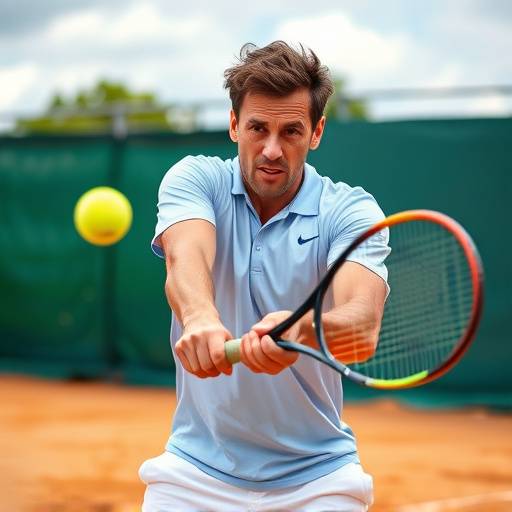 Close-up of a tennis player's determined face as they strike a forehand shot on a clay court during a professional match.