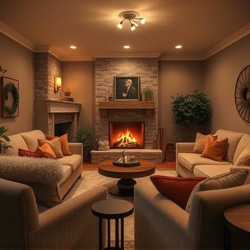 Cozy living room interior with comfortable furniture and warm lighting.
