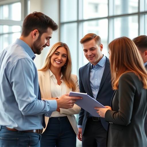 Diverse group of business professionals collaborating in a modern office meeting room