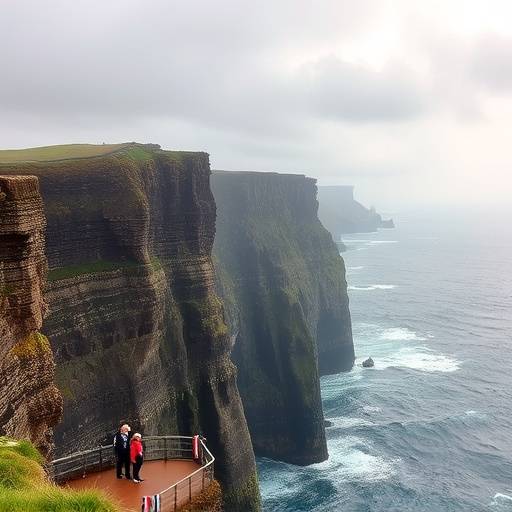 Dramatic cliffs of Moher, County Clare, with tourists looking over the edge