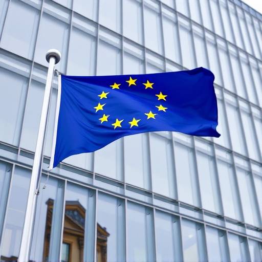 European Union flag waving in front of a modern building.