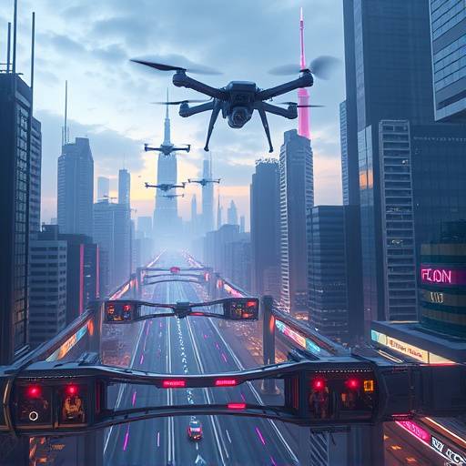 Futuristic cityscape with drones and advanced transportation