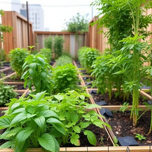 Person tending to a small urban garden with fresh herbs and vegetables.