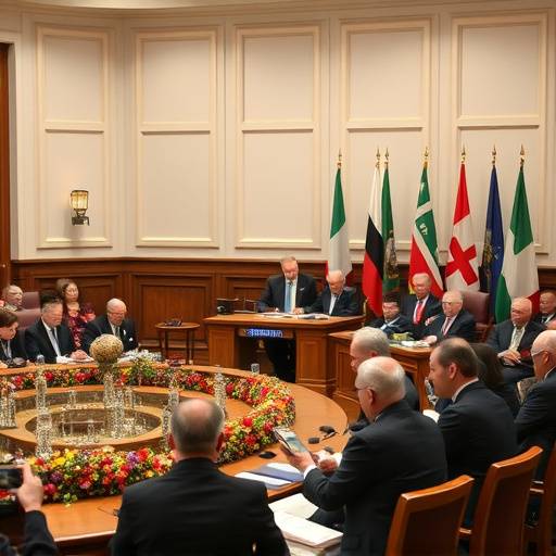 Politicians debating in a parliamentary session with flags in the background.
