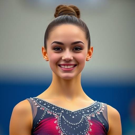 Portrait of a determined female gymnast, with a slight smile, wearing her competition leotard.