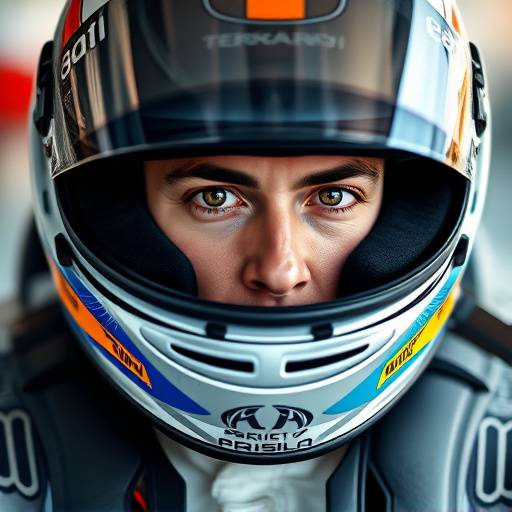 Portrait of a focused Formula 1 race car driver, wearing his helmet and team uniform.