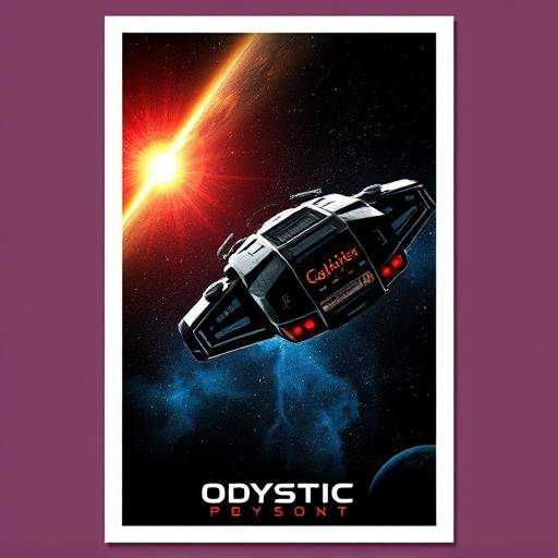 Poster of 'Galactic Odyssey' with a spaceship in the background.
