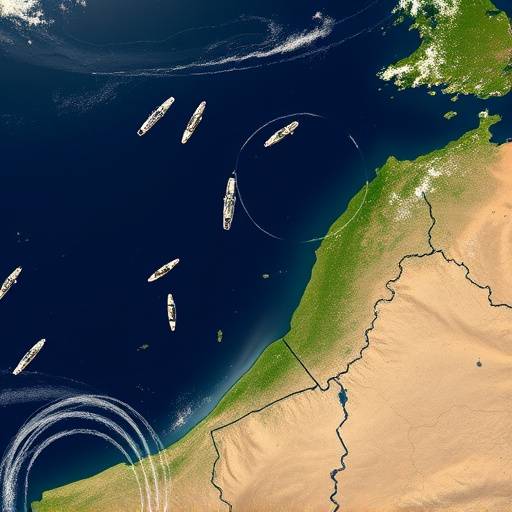 Satellite imagery showing increased naval activity in a contested maritime region.