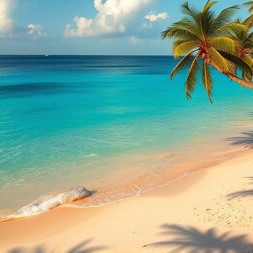 Scenic view of a remote beach with turquoise water and palm trees.