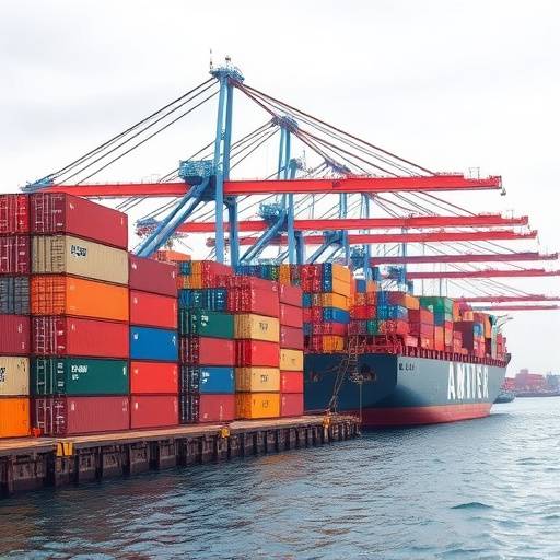 Shipping containers stacked high at a busy port, representing global trade