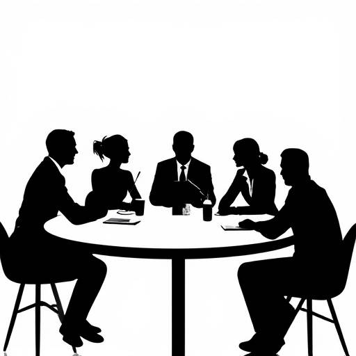 Silhouette of diverse group of people in discussion around a table.