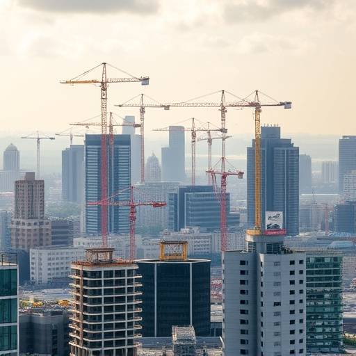 Urban cityscape with construction cranes indicating ongoing development projects.