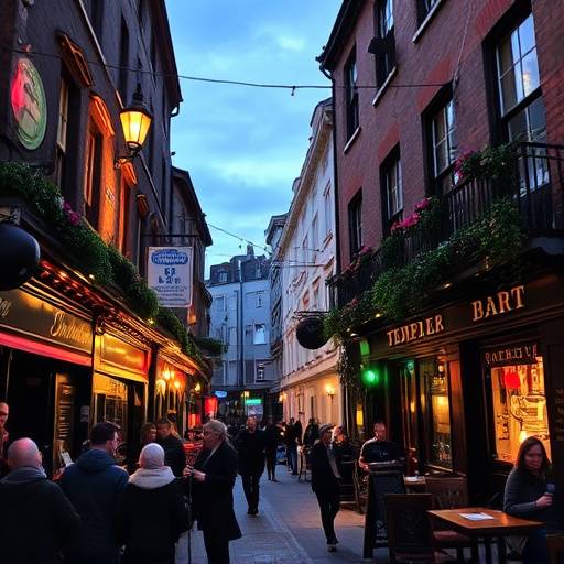 Vibrant street scene in Temple Bar, Dublin with traditional pubs and musicians