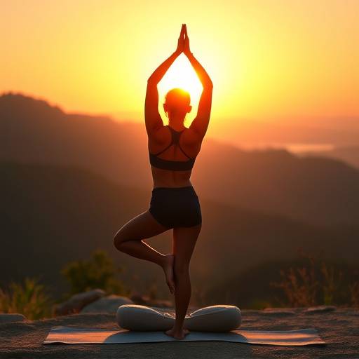 Woman practicing yoga outdoors at sunrise, promoting wellness.